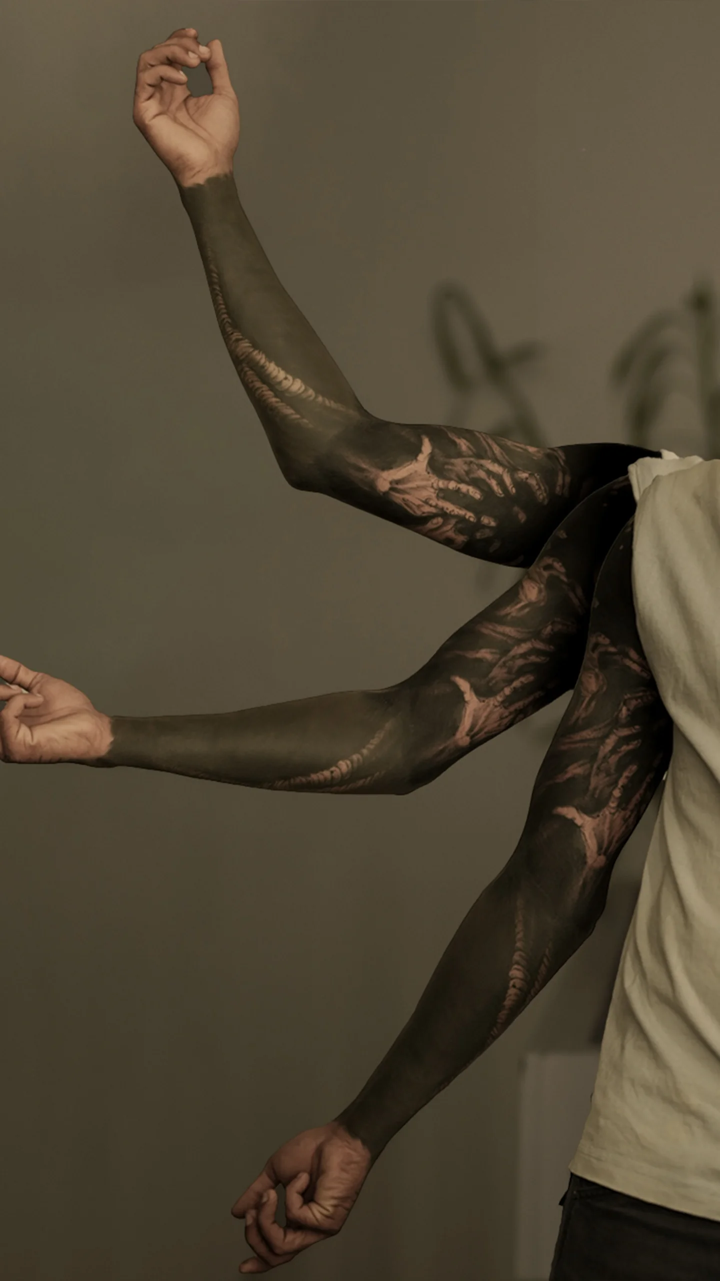 Black and grey illustrative tattoo with moody shading and atmospheric texture by Otzi Marc