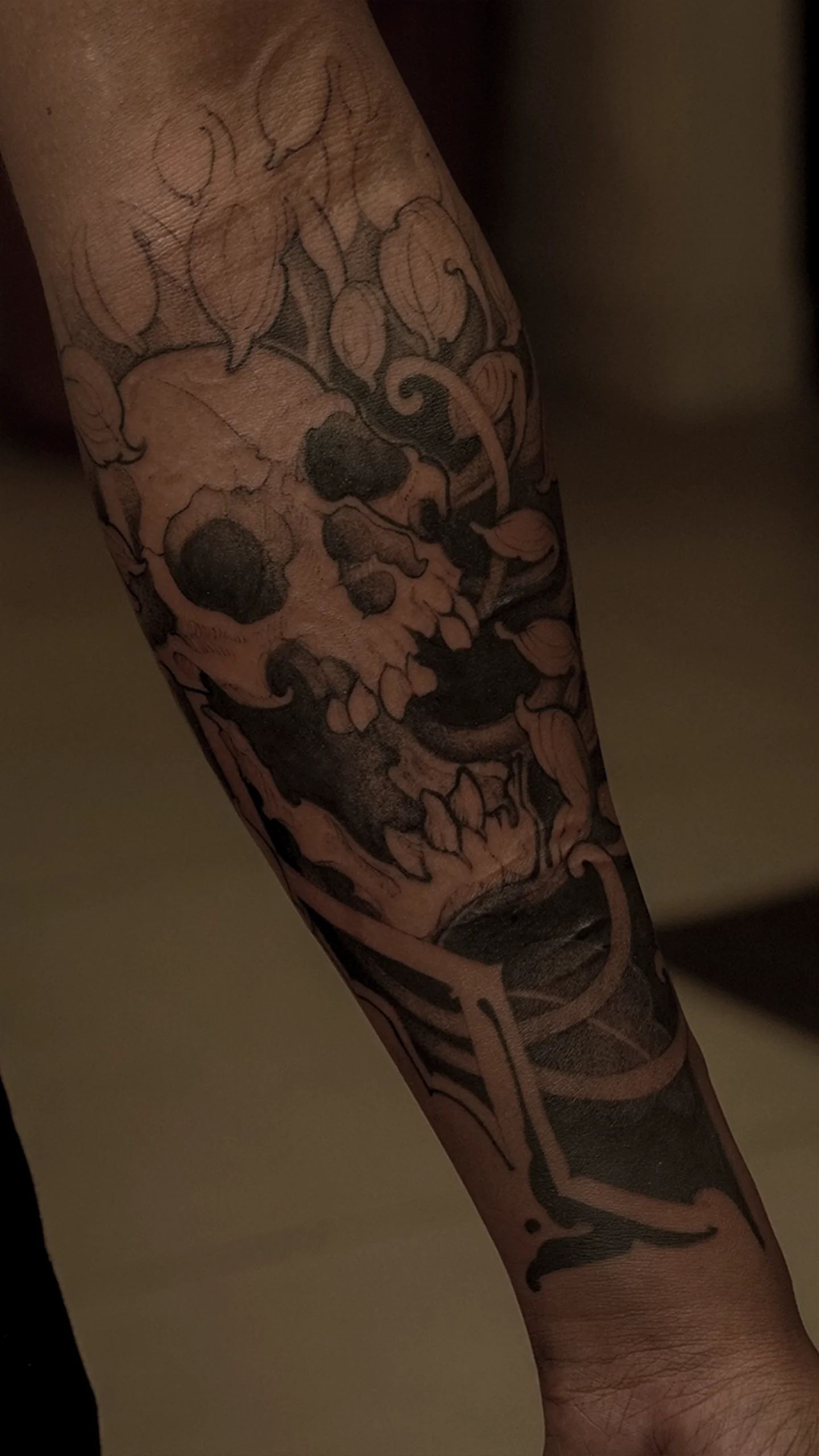 Black and grey illustrative tattoo with detailed linework and mythological symbolism by Vivan