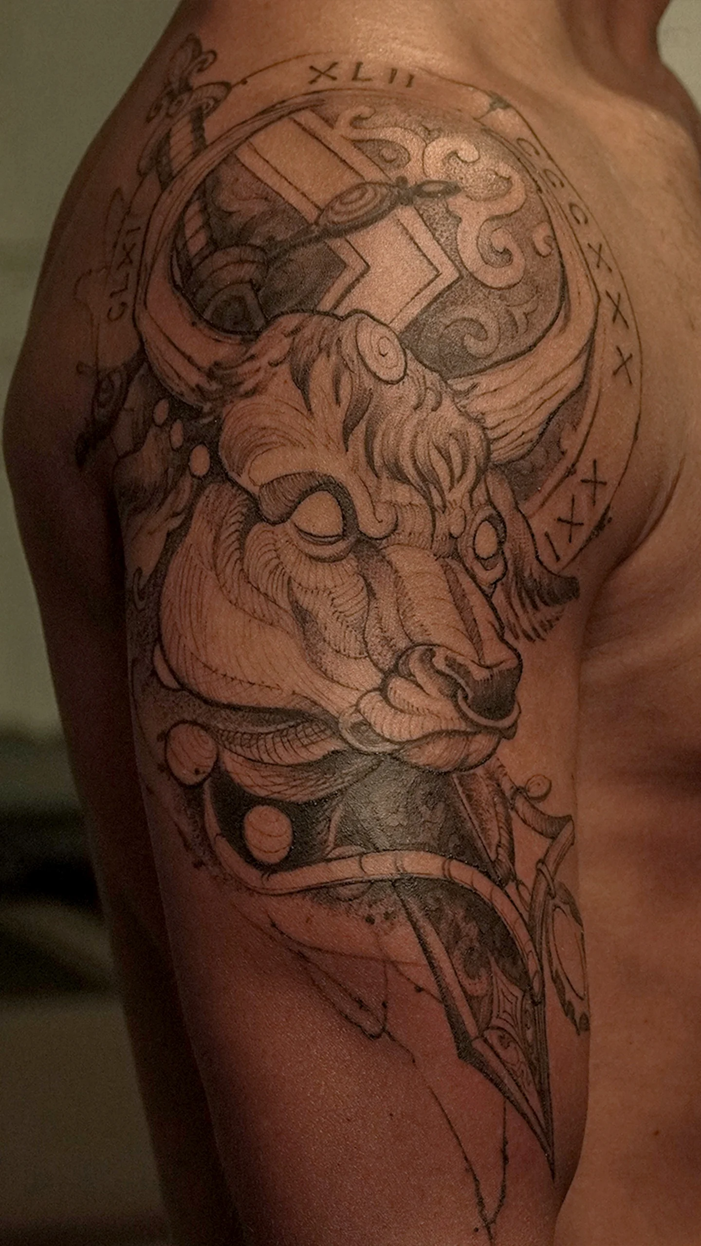 Intricate linework tattoo featuring dark symbolic elements and controlled shading by Vivan