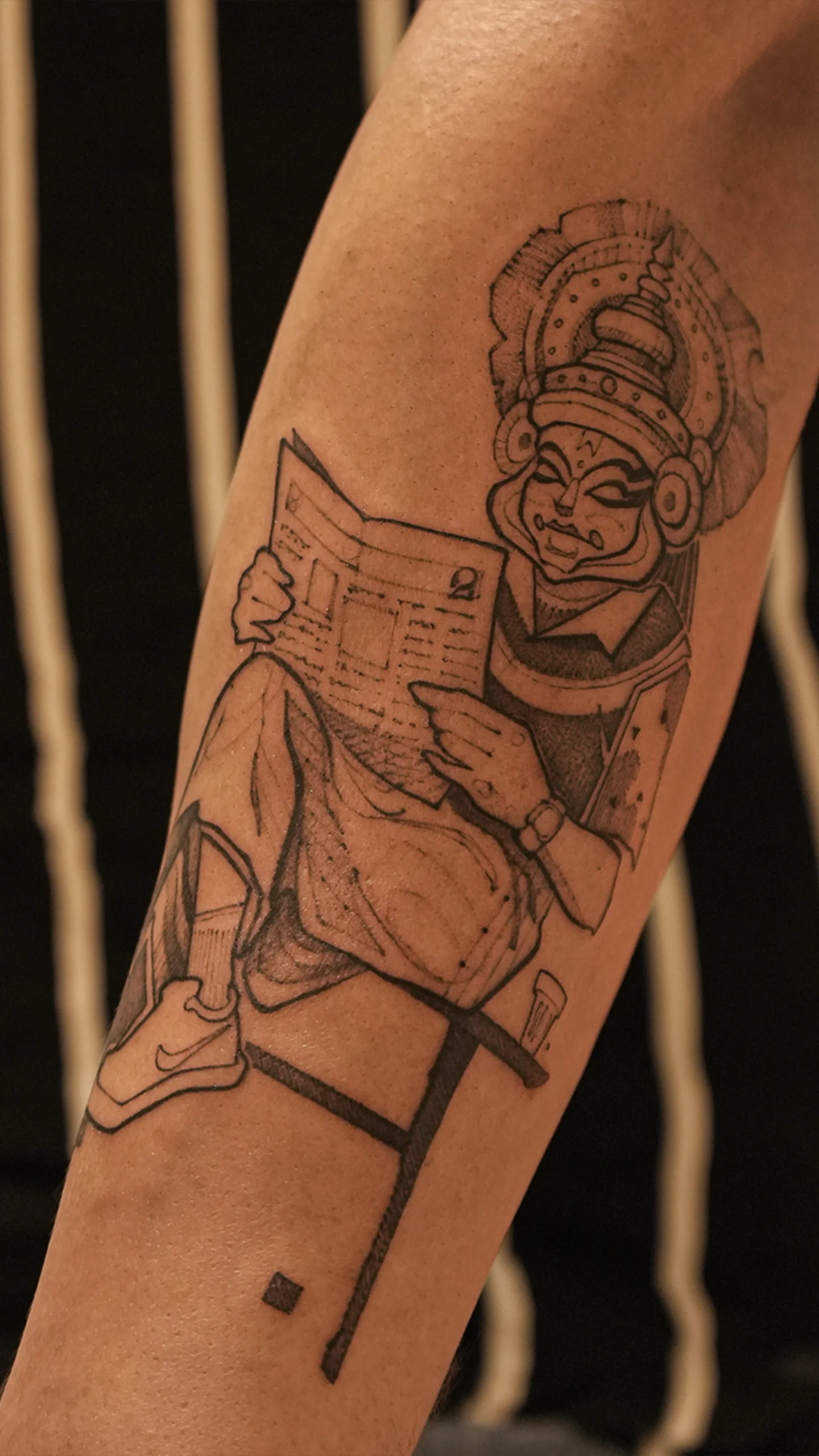Black and grey tattoo with strong line composition and conceptual storytelling by Vivan