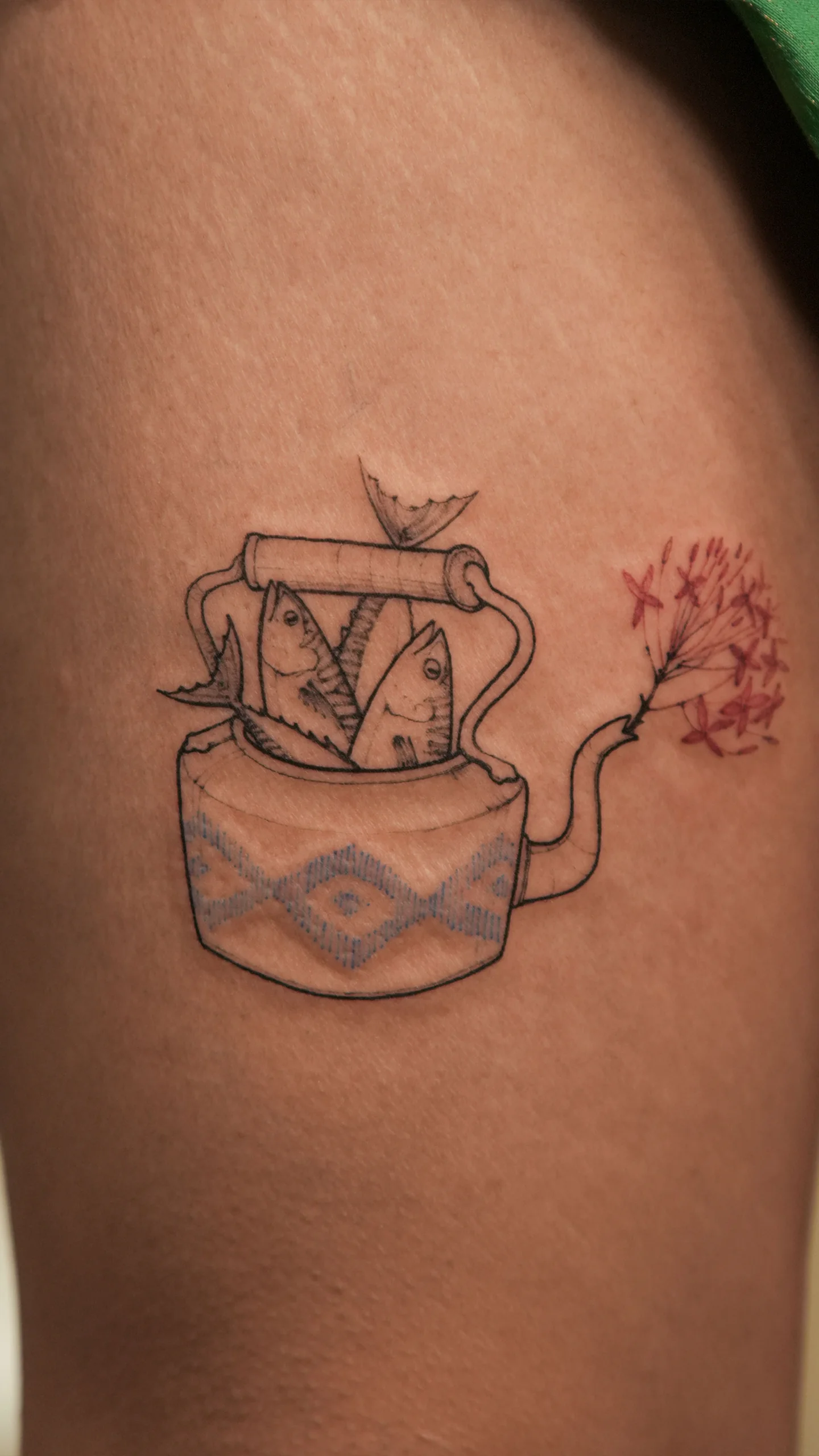 Textural black and grey tattoo with intricate hand-drawn detailing by Vivan